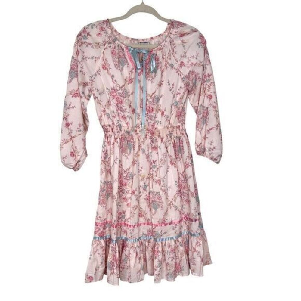 Vintage Mini Dress Womens Small Pink Cream Ruffle Hem Smock Floral Popover  VTG